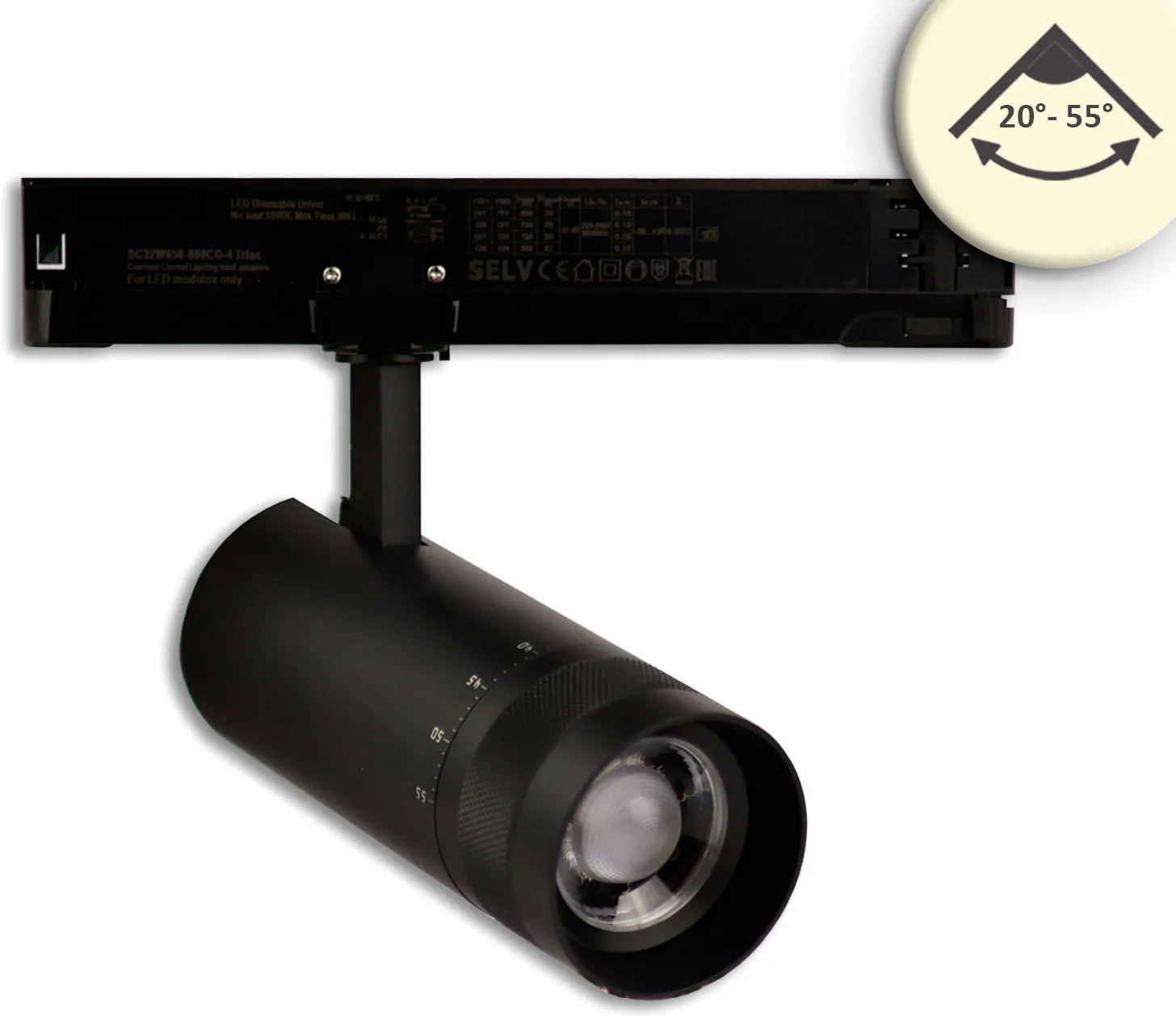 ISOLED 3-PH Schienen-Strahler fokussierbar, 24W, 20°-55°, schwarz matt, 3000K, dimmbar