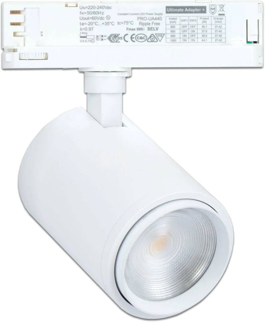 ISOLED 3-PH Schienen-Strahler fokussierbar, 34W, 20°-70°, weiß matt, Meat 1900K