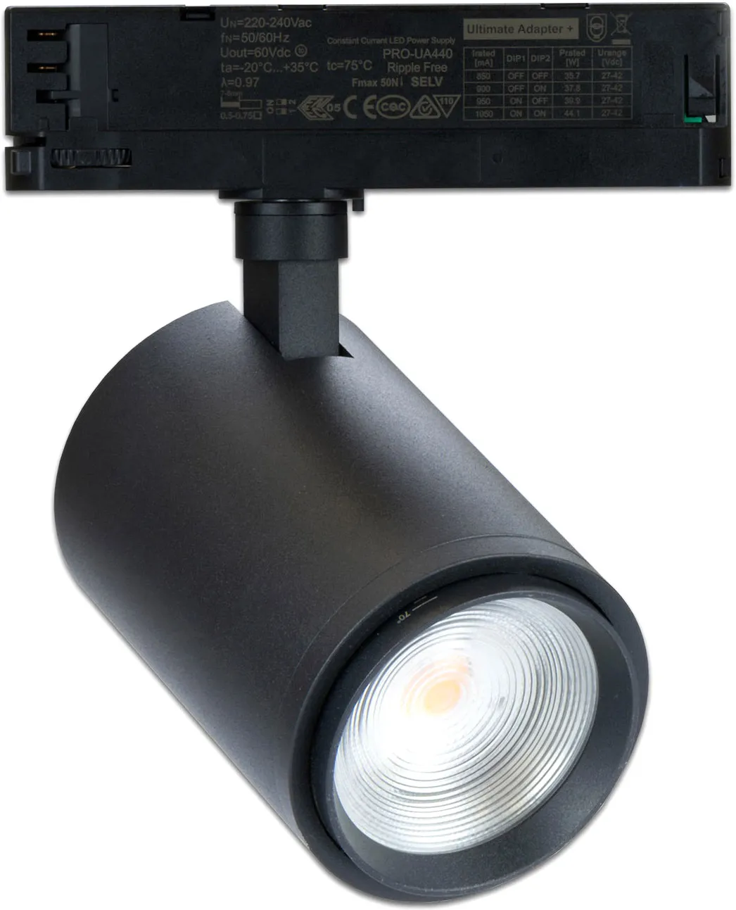 ISOLED 3-PH Schienen-Strahler fokussierbar, 34W, 20°-70°, schwarz matt, Bread 2700K