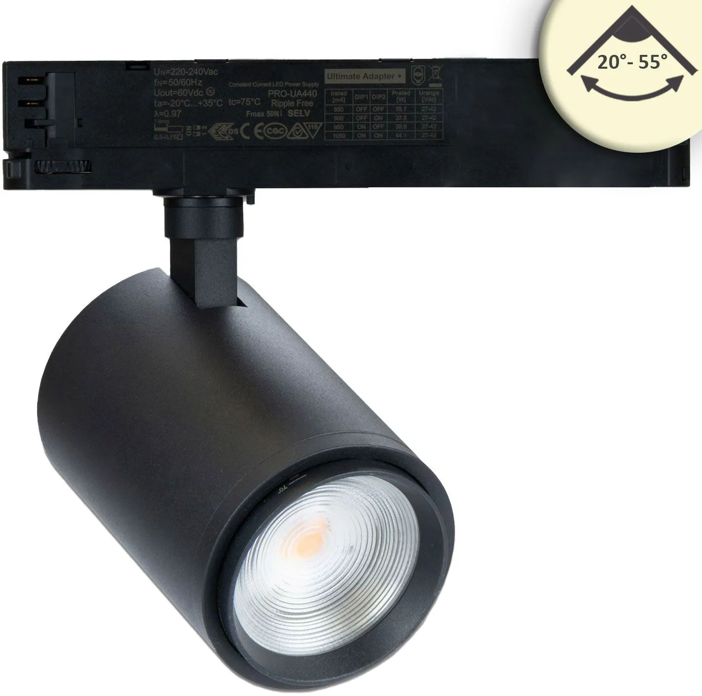 ISOLED 3-Phasen Schienen-Strahler fokussierbar, 42W, 20°-70°, schwarz matt, 3000K, CRI92, dimmbar