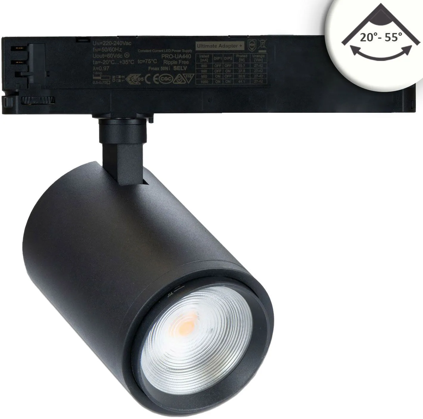 ISOLED 3-Phasen Schienen-Strahler fokussierbar, 42W, 20°-70°, schwarz matt, 4000K, CRI92, dimmbar