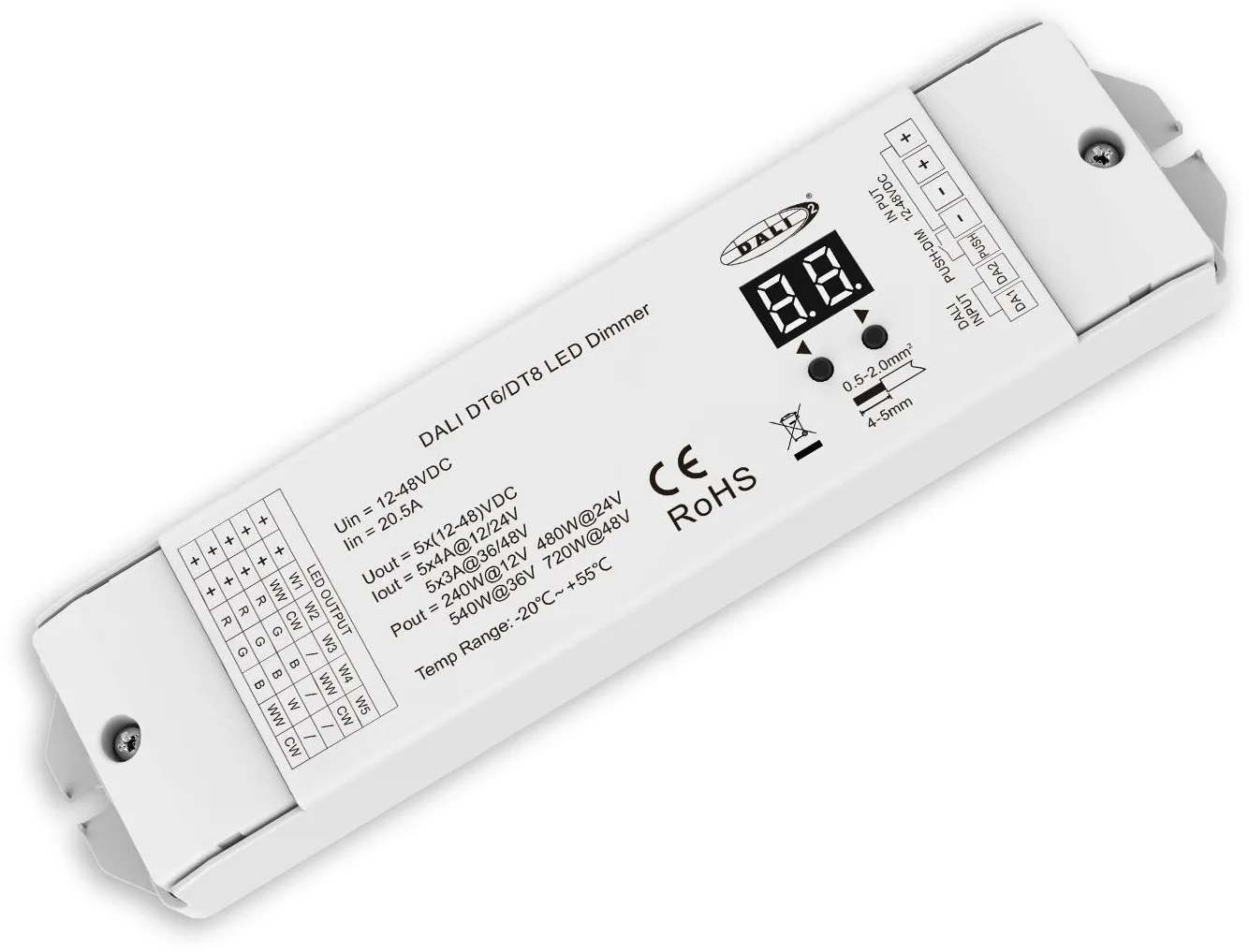 ISOLED DALI DT6/DT8 1 Adresse Multi-PWM-Dimmer, 5 Kanal, 12-24V DC 5x4A, 48V DC 5x3A