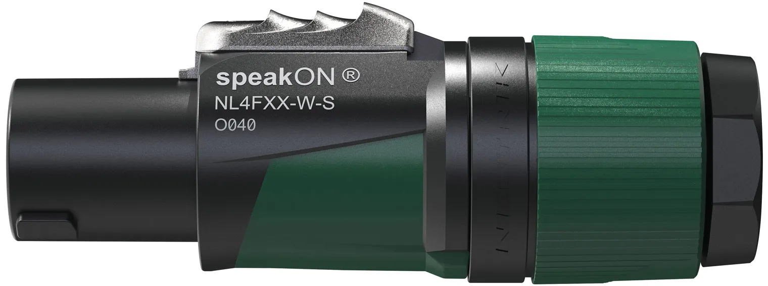 NEUTRIK speakON 4P Kabelverbinder – S Schwarz/grünes Gehäuse – Kabel mit kleinem Durchmesser
