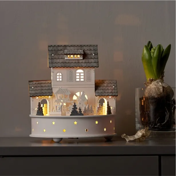 Star Trading LED Spieluhr Grauberg aus Laser-Cut 6 warmweiße LEDs grau ca. 17.5x17.5x19 cm mit Musik und Bewegung batteriebetrieben