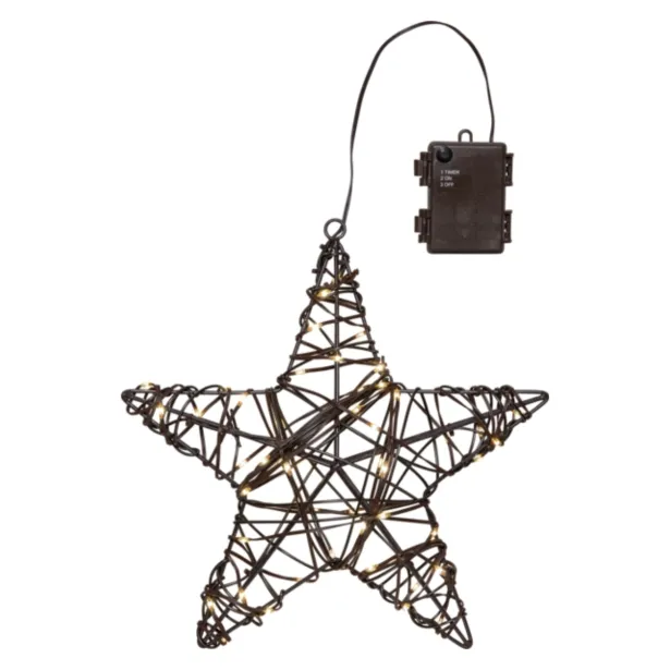 Star Trading Weihnachtsstern Vicke Star 30cm Metall / Rattan für außen 50 warmweiße LEDs IP44 batteriebetrieben Braun